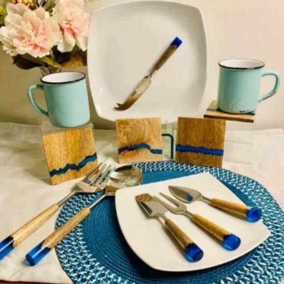 (x4) River-Look Wood & Blue Resin Drink Coaster Set - Picture 5 of 10